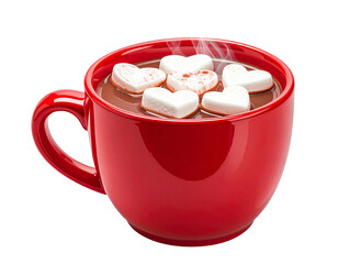 Angled Side View of Red Mug With Heart Marshmallows Floating in Hot Chocolate, Isolated