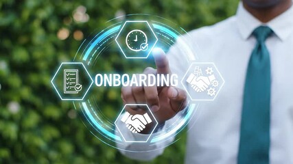 Businessman working on virtual touchscreen pressing onboarding word and calling by phone. Onboarding Process Business concept. 4k video