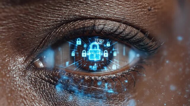 African american womans eye with emerging digital locks and circuits. Cybersecurity protection concept in futuristic macro closeup. Technology security visualization for advertising themes.