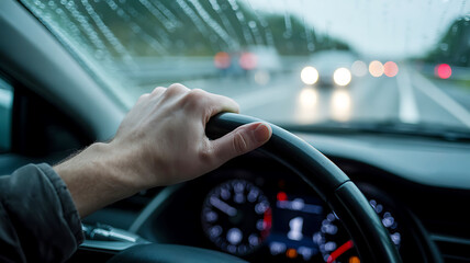 Driving in the rain with blurry car lights ahead on highway