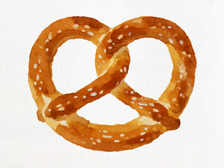 Artisanal Pretzel Delight: A meticulously crafted watercolor illustration of a classic pretzel, depicting its golden-brown surface and sprinkled with coarse salt.