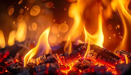 Close-up Shot of Burning Firewood and Charcoal in Fireplace, Warm Flame and Heat Texture Background