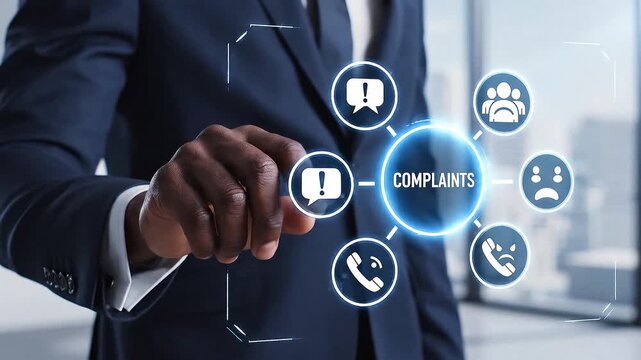Concept of complaints. Customer complaint, dissatisfaction from product or service problem, angry feedback from client. Business person using virtual touch screen presses the word COMPLAINTS. 4k video