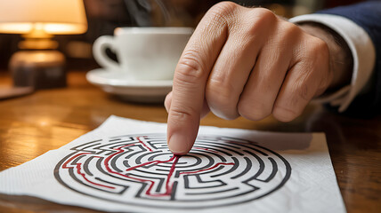 Finding Solutions Conceptual Image with Finger on Maze and Coffee