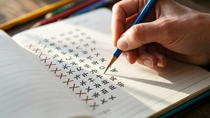 Hand Writing Symbols in Notebook with Pencil for Educational Purposes