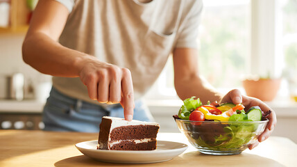 Healthy choices balancing cake with fresh salad for a balanced diet