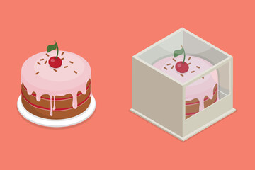 Isometric flat illustration. Cherry cake packed in a box with a transparent lid and a cake on a plate, yummy dessert.