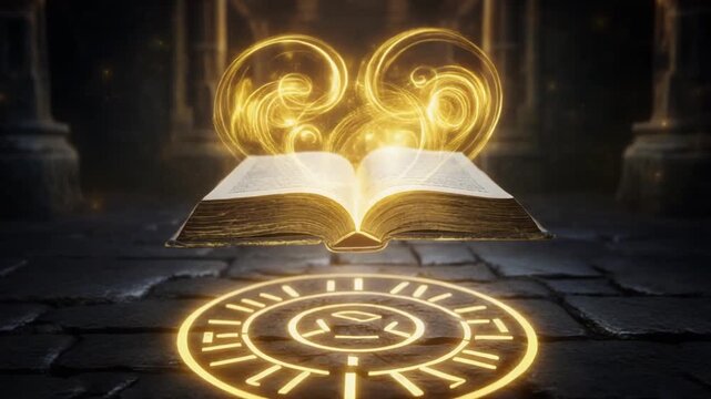 Magical Glowing Book Over Ancient Symbol