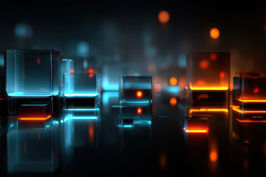 Colorful glowing cubes illuminate a modern abstract space in a digital art creation