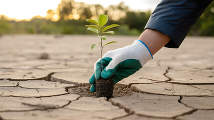 Planting a seedling in dry cracked earth for environmental restoration