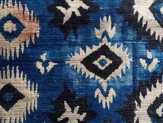 Deep indigo Ikat fabric with handcrafted tribal shapes, natural dye variations, rich cultural aesthetic
