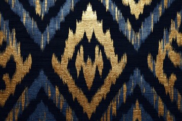 Dark navy Ikat background with metallic gold accents, luxury handcrafted pattern, rich visual depth