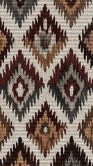 Earth-tone Ikat pattern with tribal linear motifs, rustic handmade texture, natural dye gradients