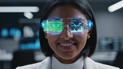 Asian woman wearing augmented reality glasses with glowing digital displays. Closeup cinematic sequence of professional viewing holographic data in modern office. Futuristic technology interface for - Powered by Adobe