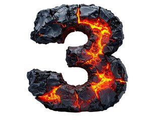 Fiery Lava Number Three Stone, Front View, Isolated on Transparent Background