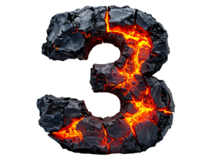 Fiery Lava Number Three Stone, Front View, Isolated on Transparent Background