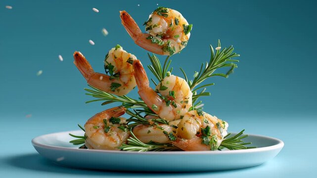 Shrimp garnished with fresh herbs and spices, elegantly arranged on a plate, captured in a dynamic sequence showcasing the cooking process, with camera zooming in for detail