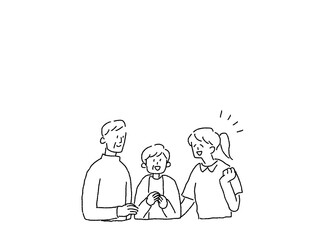 高齢夫婦と看護師、介護士の女性、線画