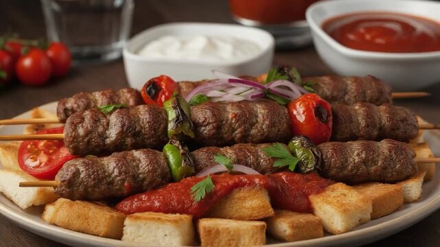 Grilled kofta kebabs served on toasted bread with tomato sauce, roasted vegetables, sliced onions, and yogurt on the side.