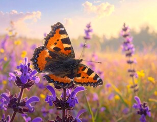 Butterfly on lavender flowers with sunrise backdrop creating a serene scene