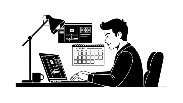 Man working on laptop planning content on a calendar