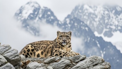 Snow leopard resting on rocky mountain with scenic himalayan background