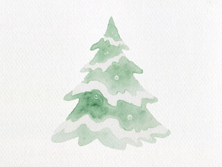 Winter Pine: A watercolor rendering of a single, snow-laden evergreen, evoking the spirit of the holiday season, a whimsical touch of the festive winter.