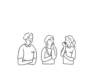 困った顔をするケアマネージャー、看護師、介護士、相談員の男性と女性、線画