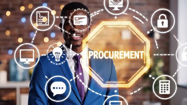 Procurement Business Concept. E-Procurement. Man offers procurement text icon on a virtual digital screen interface ,electronic, purchase 4k,video