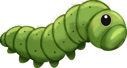 A Delightful Cartoon Illustration of a Vibrant Green Caterpillar with Big Eyes on a Plain Background