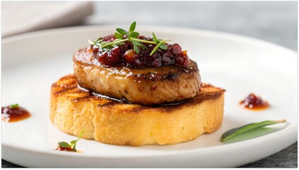 Elegant appetizer with seared foie gras, toasted brioche, and fig jam makes a delicious bite sized gourmet indulgence for fine dining or special occasions