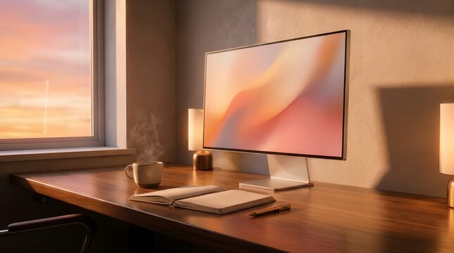 Creative workspace with large monitor and sunset view on screen