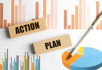 Action plan text on wooden blocks with charts, graphs and pen on business desk