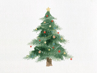 Festive Christmas tree: A whimsical watercolor illustration of a decorated Christmas tree. Showcasing holiday cheer with ornaments and lights.