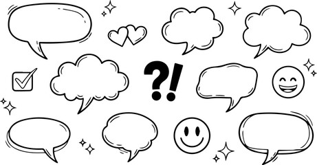 Handdrawn speech bubbles and emoticons, perfect for adding a playful touch to your designs and conveying messages effectively