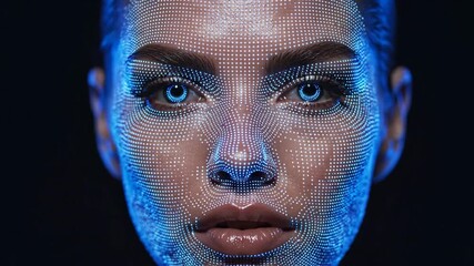 Extreme closeup of womans face with digital mesh overlay. Futuristic portrait revealing cybernetic skin patterns in blue glow. Technology and virtual reality advertising concept. - Powered by Adobe