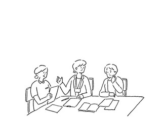 ケアマネージャー、看護師、介護士、相談員と話す高齢女性、線画