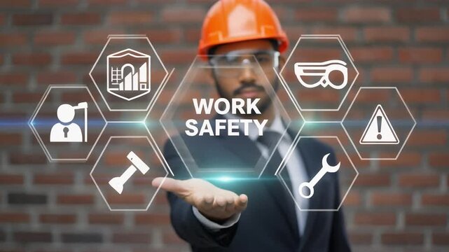 Work Safety Concept - regulations and standard in industry, business. First secure rules. Health protection, personal security people on job. Man in helmet offers work safety icon on virtual screen 4k