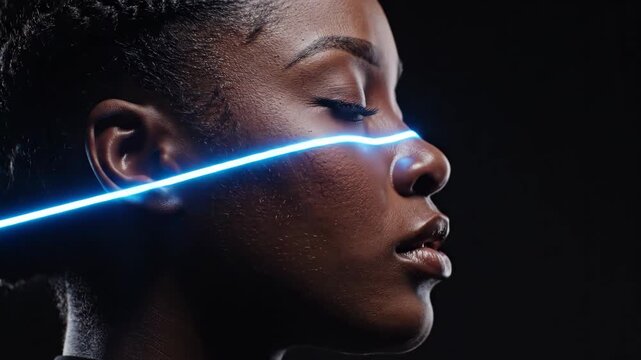 Woman in side profile with glowing blue light descending across her face. Futuristic facial scan sequence showing biometric recognition process. Digital technology enhancement and cyber interface