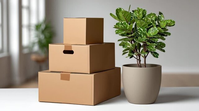 Boxes stacked on a table beside a potted plant, showcasing a serene indoor environment with natural light, camera pans across the scene to reveal details and textures of the objects