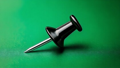 Close-up of a Black Push Pin on Green Background.