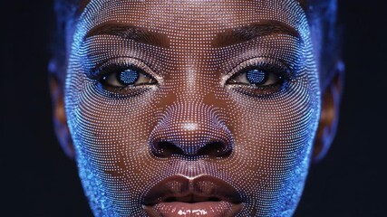 Extreme closeup portrait of african american womans face with glowing blue digital mesh. Cybernetic evolution in video frames. Futuristic beauty and technology advertising concept.