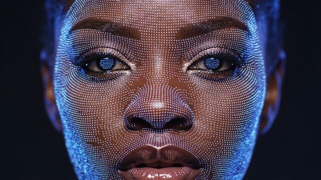 Extreme closeup portrait of african american womans face with glowing blue digital mesh. Cybernetic evolution in video frames. Futuristic beauty and technology advertising concept.
