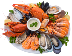 Assorted fresh seafood platter featuring lobster, shrimp, oysters, mussels, and fish with a dipping sauce and garnishes