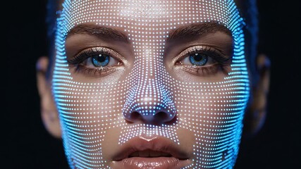 Extreme closeup portrait of womans face with glowing blue digital scan lines activating progressively. Facial mapping technology for beauty enhancement and AI recognition apps. - Powered by Adobe