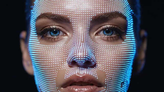 Extreme closeup portrait of womans face with glowing blue digital scan lines activating progressively. Facial mapping technology for beauty enhancement and AI recognition apps.