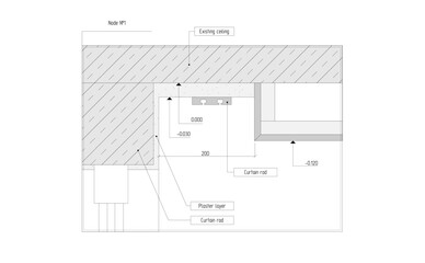 Vector drawing of a diagram, sectional view of the installation unit of a hidden curtain rod.