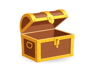 Charming illustration of an open wooden treasure chest with golden accents