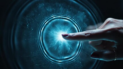 Womans hand touches glowing blue energy orb. Digital activation sequence in futuristic interface. Holographic technology interaction for advertising concepts. - Powered by Adobe