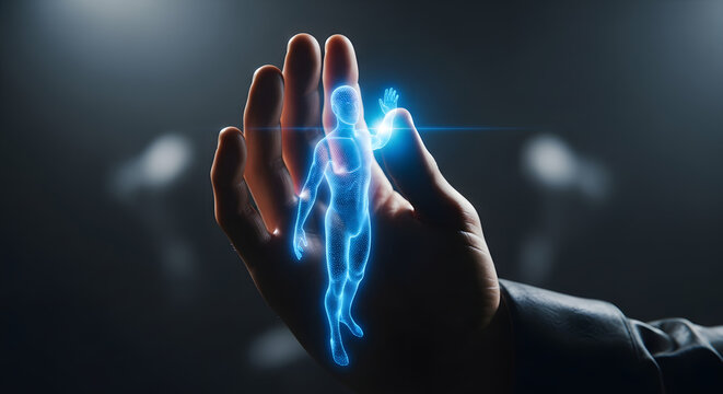 Digital human body hologram floating above an open hand in a dark environment with light flares